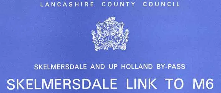 Part of the front page of a commemorative booklet, with a dark blue background, a heraldic crest, and the main title "SKELMERSDALE LINK TO M6"