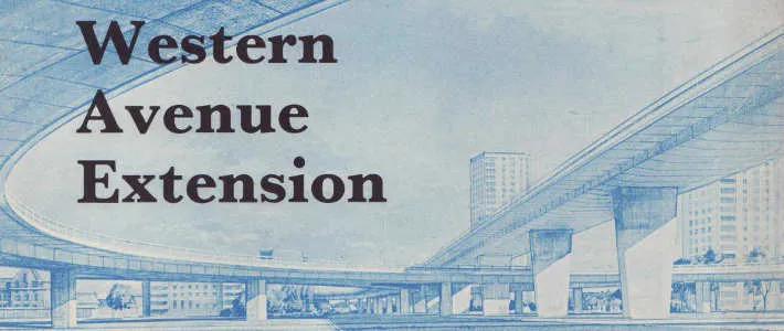 Artist's impression of an urban motorway junction, with elevated roads crossing each other and modernist tower blocks behind. "Western Avenue Extension" is superimposed