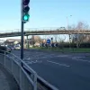 Approaching from the A4, the flyover is very obvious, though it could easily be mistaken for a footbridge. The traffic signals here are quite unusual — small and quite strange looking.