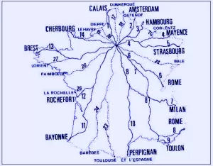 Napoleon's Routes Impériales, the basis for France's spiderweb of Routes Nationales. Click to enlarge